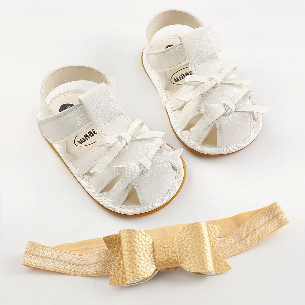 2Pcs Non-slips Leather Sandals and Bowknot Headbands