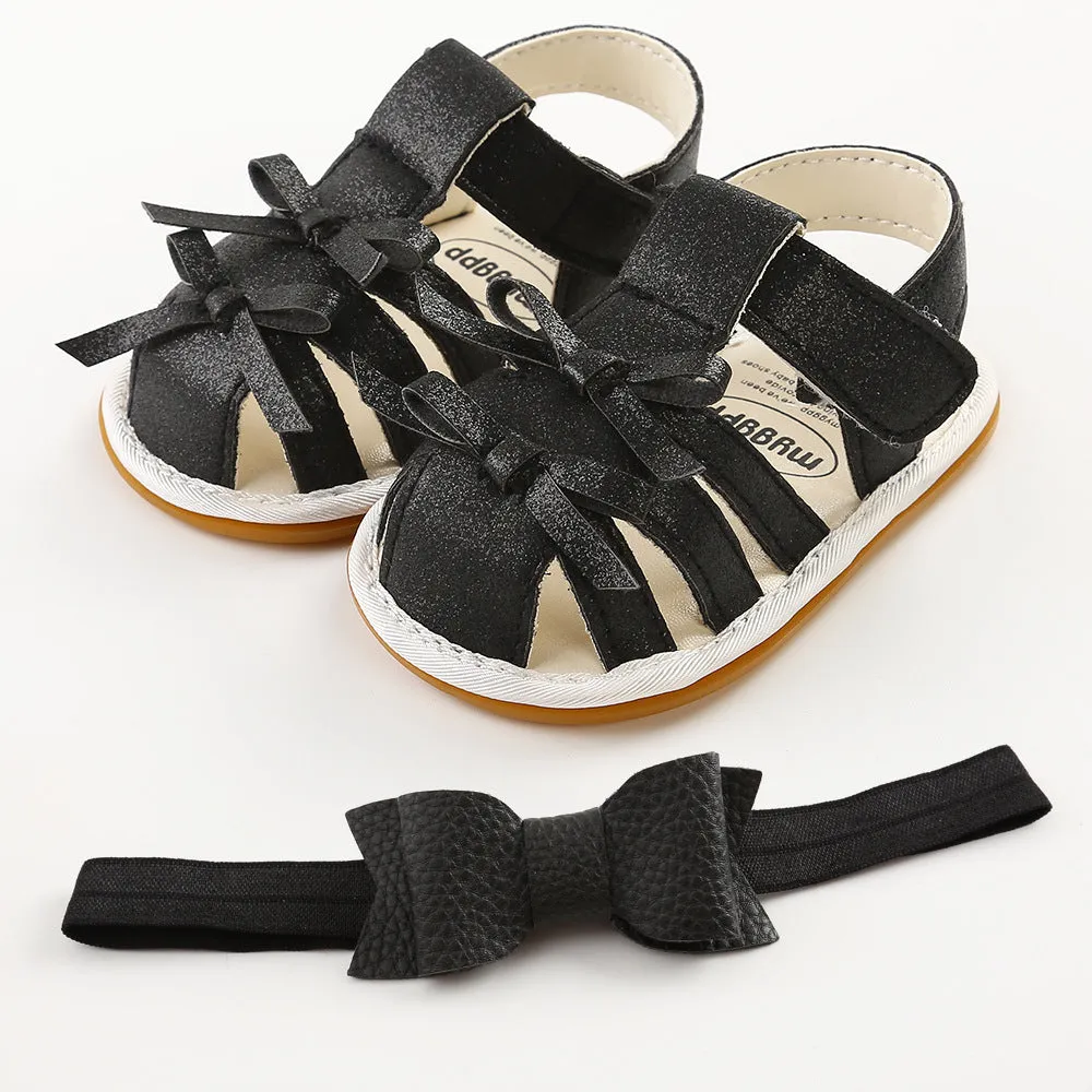 2Pcs Non-slips Leather Sandals and Bowknot Headbands