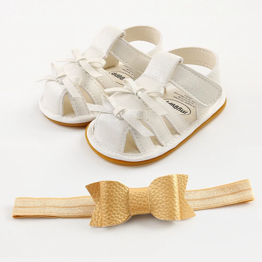 2Pcs Non-slips Leather Sandals and Bowknot Headbands