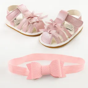 2Pcs Non-slips Leather Sandals and Bowknot Headbands