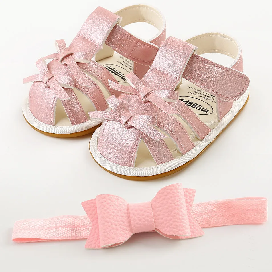 2Pcs Non-slips Leather Sandals and Bowknot Headbands