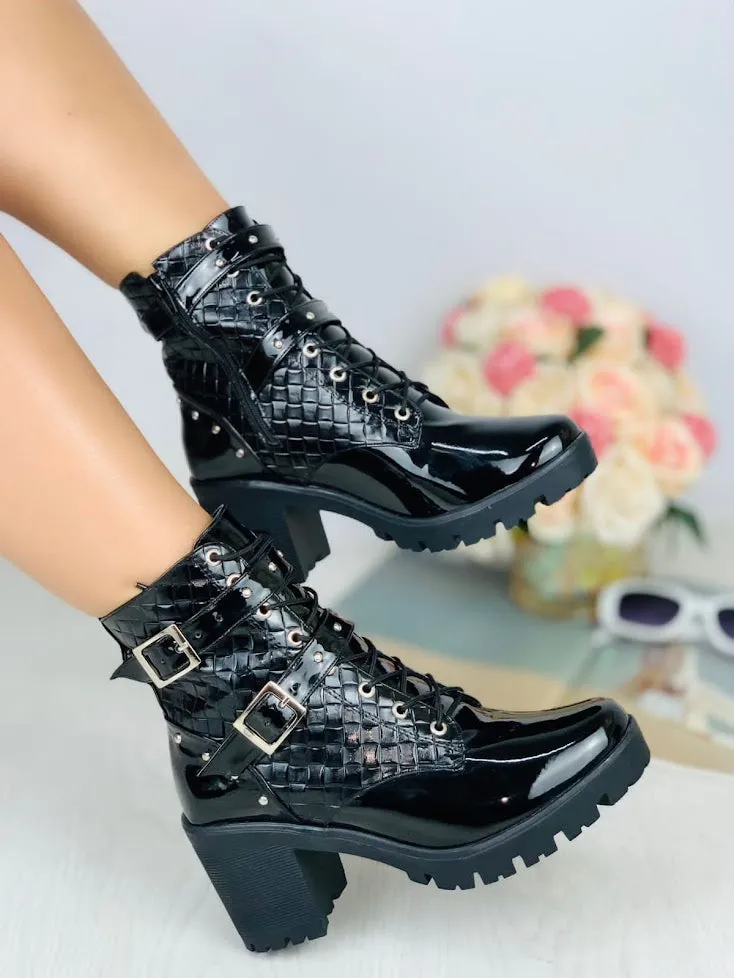 Black Croc-Embossed Patent Leather Boots