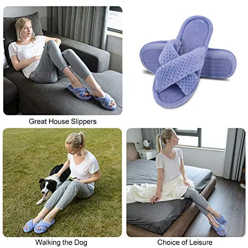 DL Women's Open Toe Cross Band Slippers, Memory Foam Slip on Home Slippers for Women with Indoor Outdoor Arch Support Rubber Sole, Lt Blue, 9-10