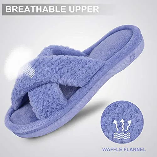 DL Women's Open Toe Cross Band Slippers, Memory Foam Slip on Home Slippers for Women with Indoor Outdoor Arch Support Rubber Sole, Lt Blue, 9-10
