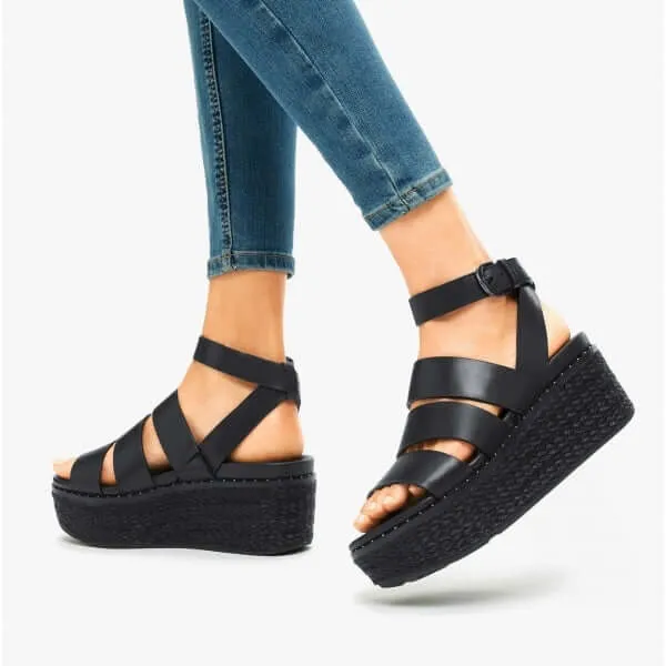 ELOISE Ladies Espadrille Strappy Wedge Sandals Black