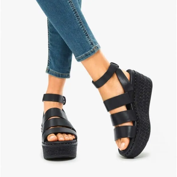 ELOISE Ladies Espadrille Strappy Wedge Sandals Black