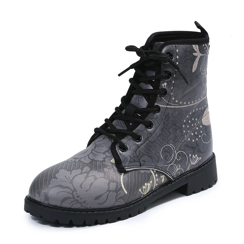 Floral print gray mid calf combat boots women's round toe lace-up booties