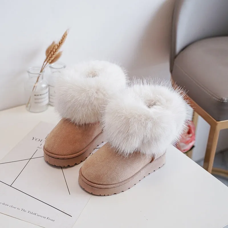 MINI KIDS TAMMY BEIGE PLATFORM FAUX FUR ANKLE SLIPPER BOOTS