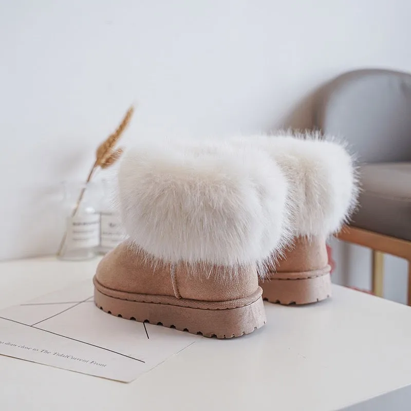 MINI KIDS TAMMY BEIGE PLATFORM FAUX FUR ANKLE SLIPPER BOOTS