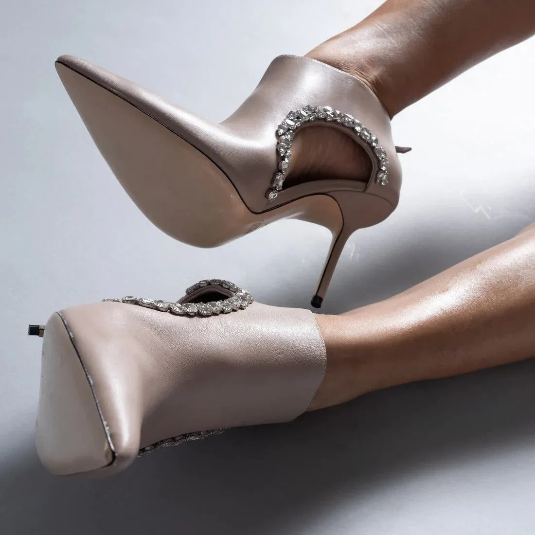 Pointed Toe Hollow Out Crystal Detail Leather Ankle Boots