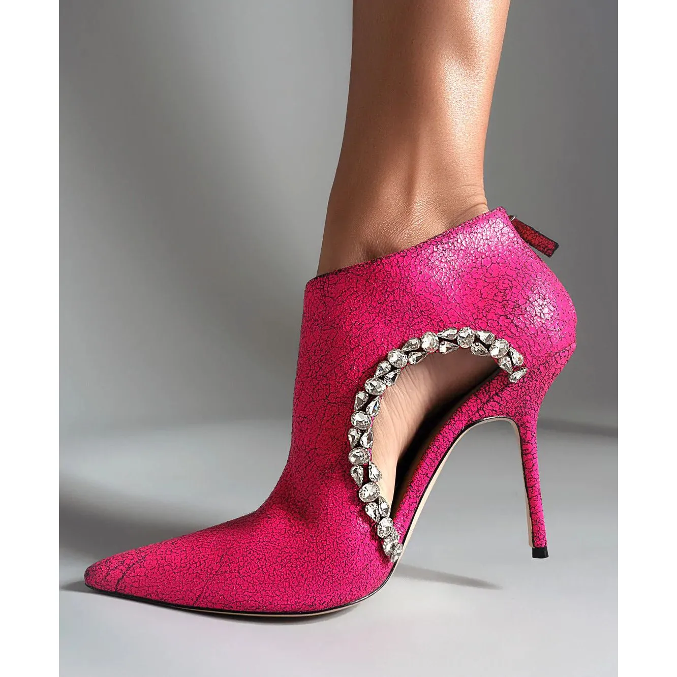 Pointed Toe Hollow Out Crystal Detail Leather Ankle Boots
