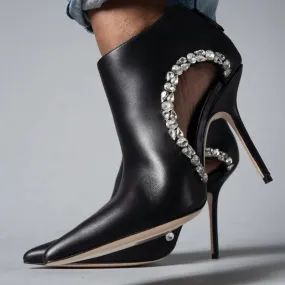 Pointed Toe Hollow Out Crystal Detail Leather Ankle Boots
