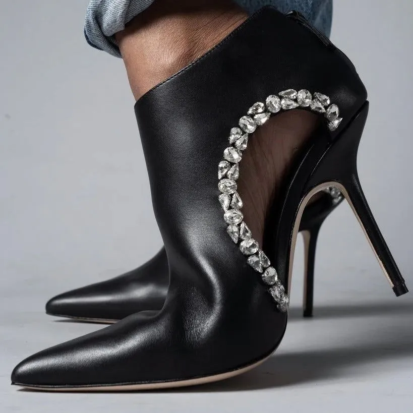 Pointed Toe Hollow Out Crystal Detail Leather Ankle Boots