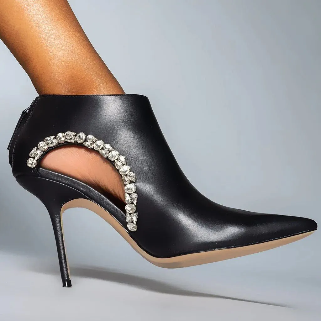 Pointed Toe Hollow Out Crystal Detail Leather Ankle Boots