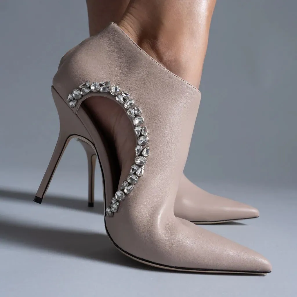 Pointed Toe Hollow Out Crystal Detail Leather Ankle Boots