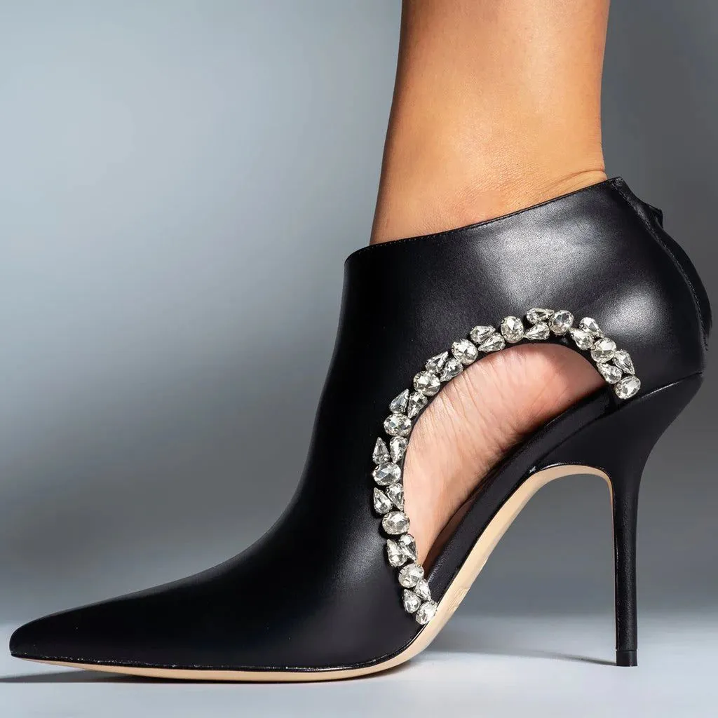 Pointed Toe Hollow Out Crystal Detail Leather Ankle Boots