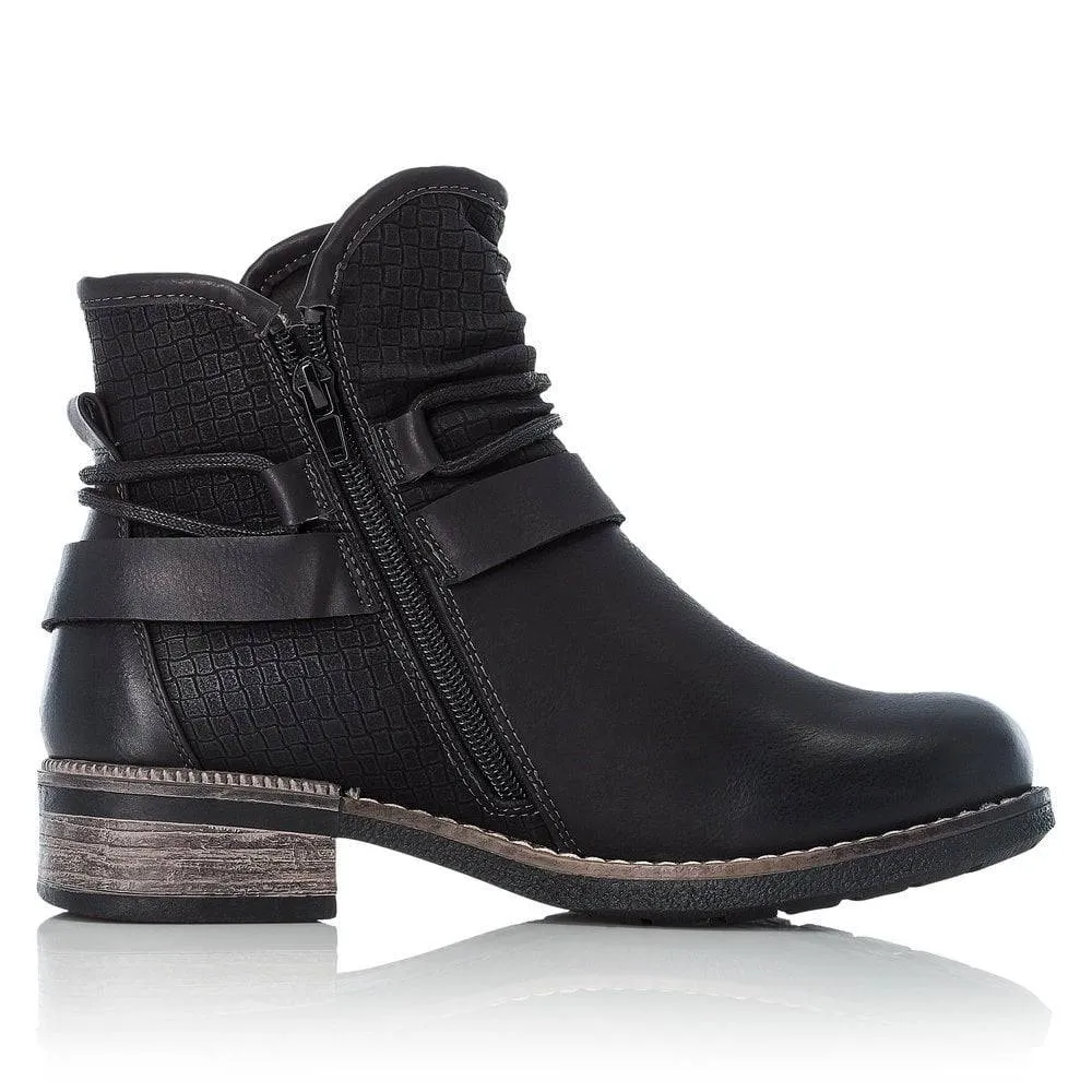 Rieker Black Chunky Rouched Fur Lined Ankle Boot