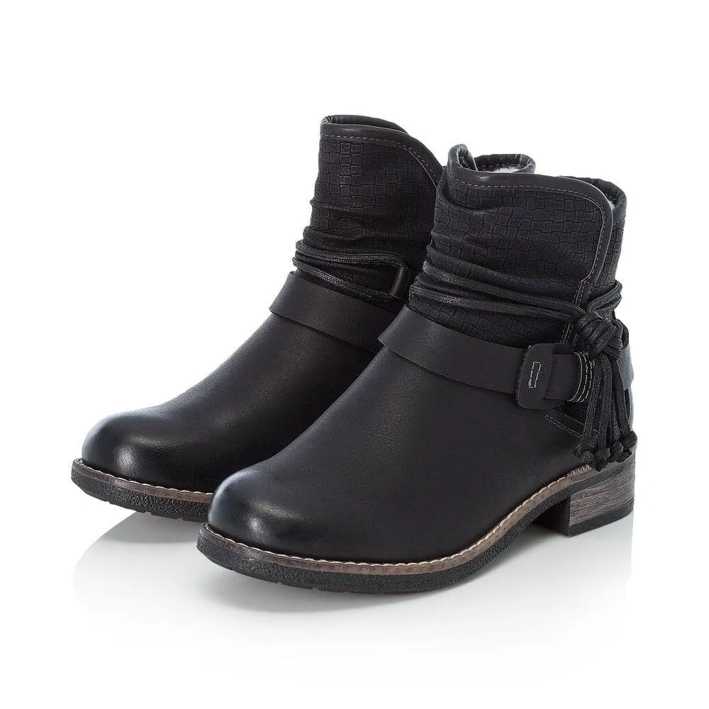 Rieker Black Chunky Rouched Fur Lined Ankle Boot