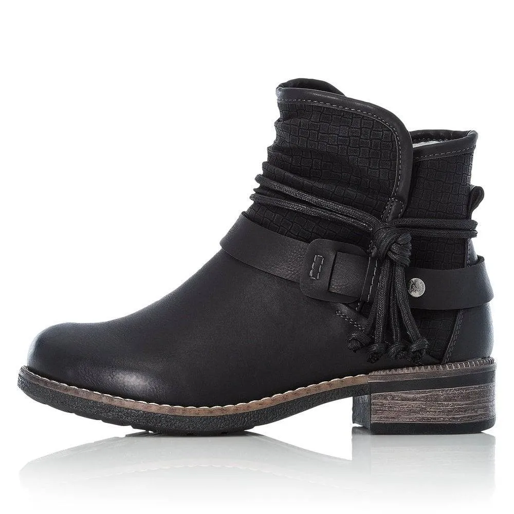 Rieker Black Chunky Rouched Fur Lined Ankle Boot