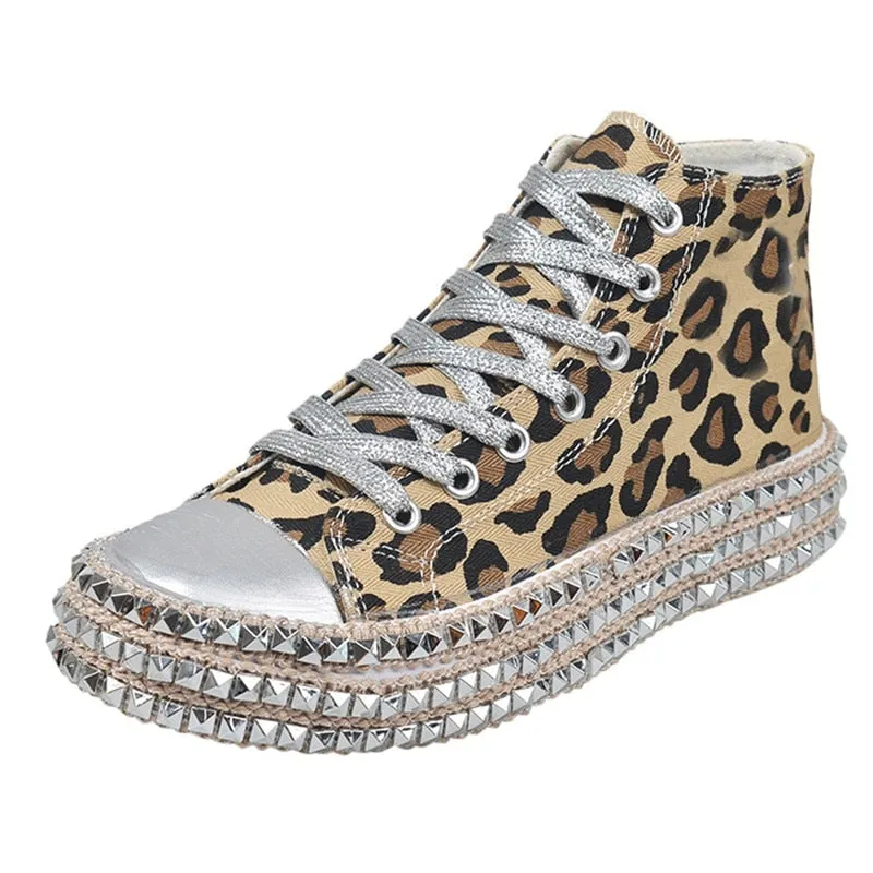 Sexy Leopard High Top Sneakers Women Fashion Bordered Rivet Flats Canvas Shoes Woman Autumn Platform Ladies Casual Shoes