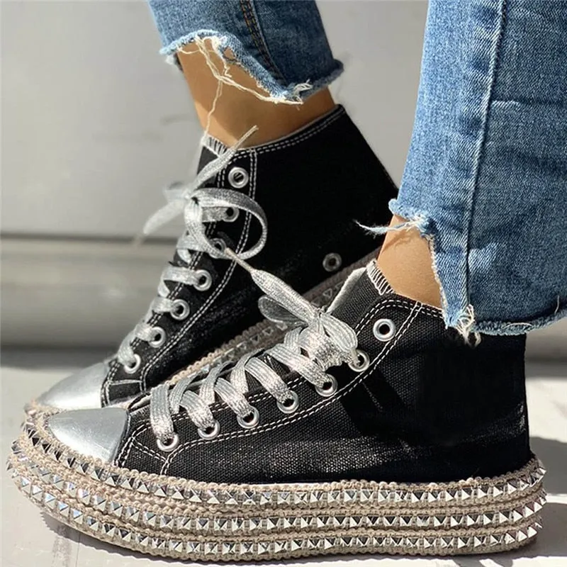 Sexy Leopard High Top Sneakers Women Fashion Bordered Rivet Flats Canvas Shoes Woman Autumn Platform Ladies Casual Shoes