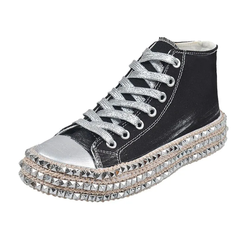 Sexy Leopard High Top Sneakers Women Fashion Bordered Rivet Flats Canvas Shoes Woman Autumn Platform Ladies Casual Shoes