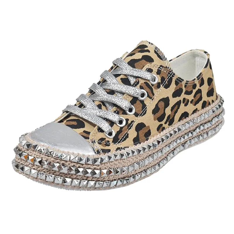 Sexy Leopard High Top Sneakers Women Fashion Bordered Rivet Flats Canvas Shoes Woman Autumn Platform Ladies Casual Shoes