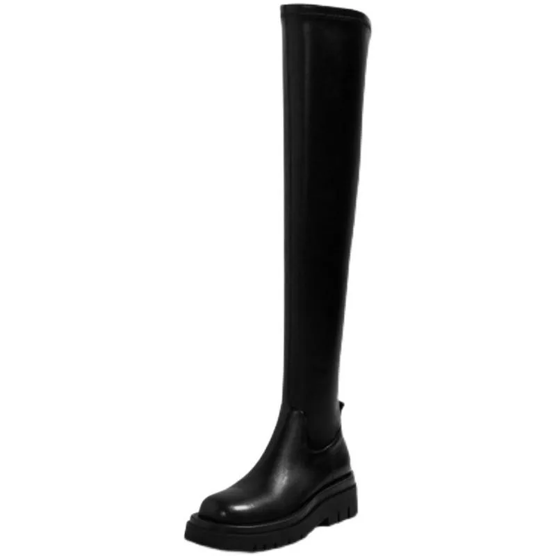 Women's black PU elastic thigh high boots