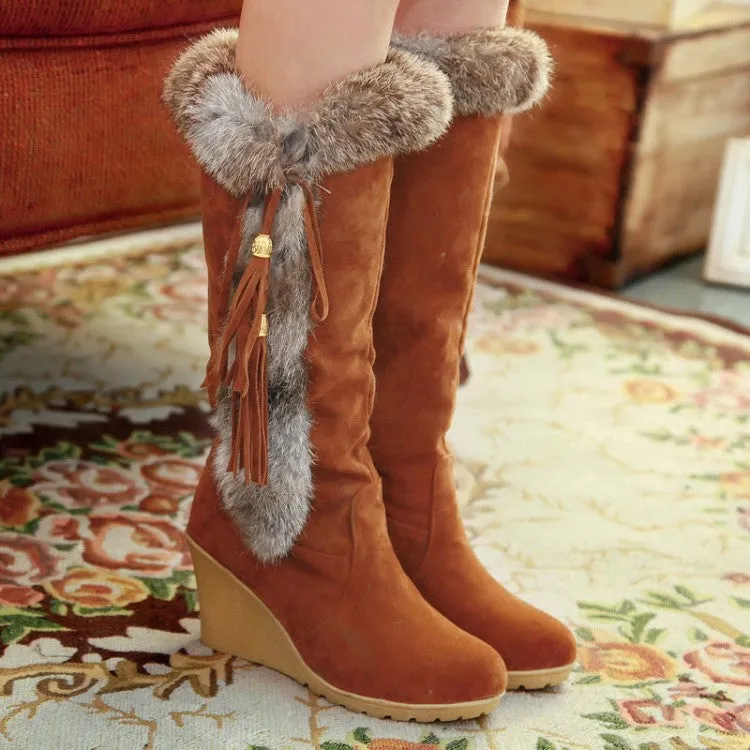 Women's warm cotton lining mid calf wedge snow boots tassels décor fur trim fashion winter boots