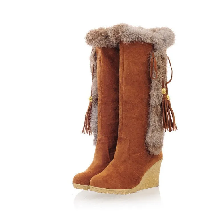 Women's warm cotton lining mid calf wedge snow boots tassels décor fur trim fashion winter boots