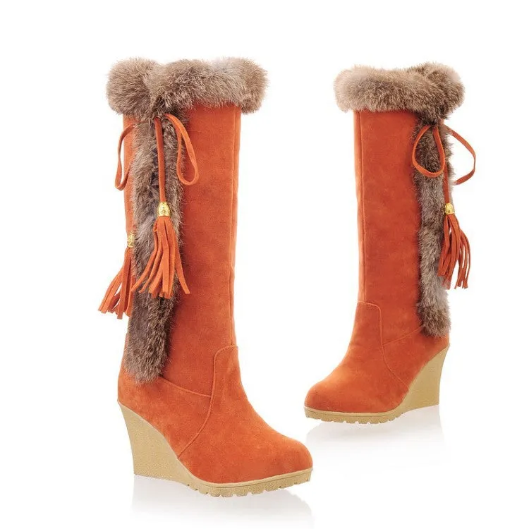 Women's warm cotton lining mid calf wedge snow boots tassels décor fur trim fashion winter boots