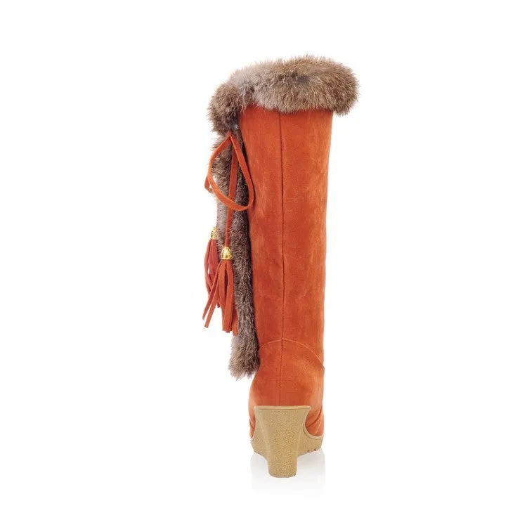 Women's warm cotton lining mid calf wedge snow boots tassels décor fur trim fashion winter boots