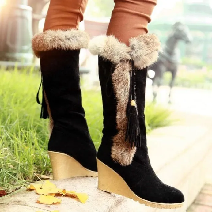 Women's warm cotton lining mid calf wedge snow boots tassels décor fur trim fashion winter boots
