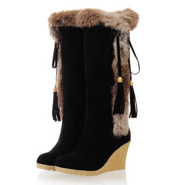 Women's warm cotton lining mid calf wedge snow boots tassels décor fur trim fashion winter boots