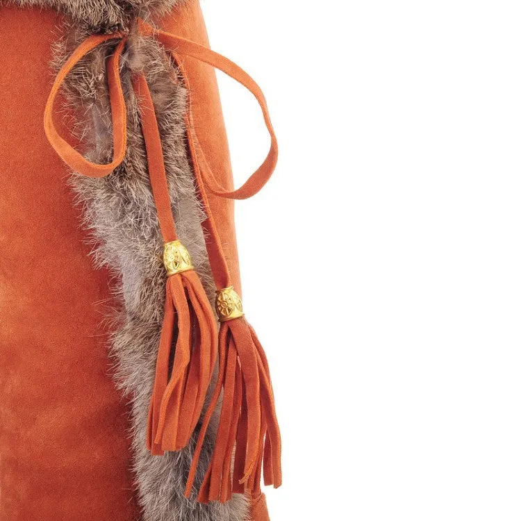 Women's warm cotton lining mid calf wedge snow boots tassels décor fur trim fashion winter boots