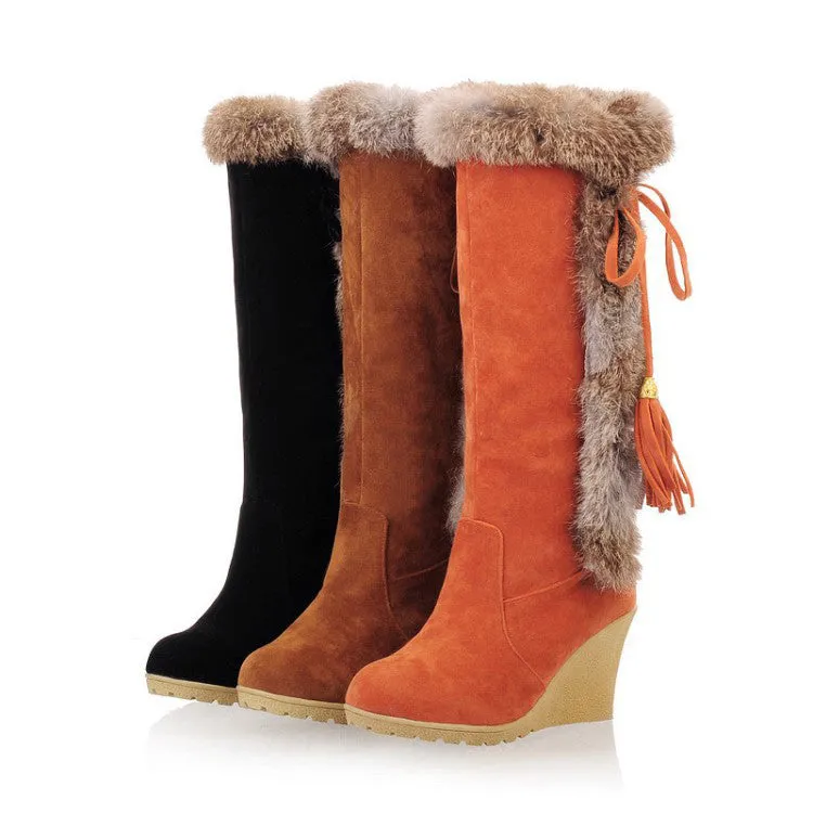 Women's warm cotton lining mid calf wedge snow boots tassels décor fur trim fashion winter boots