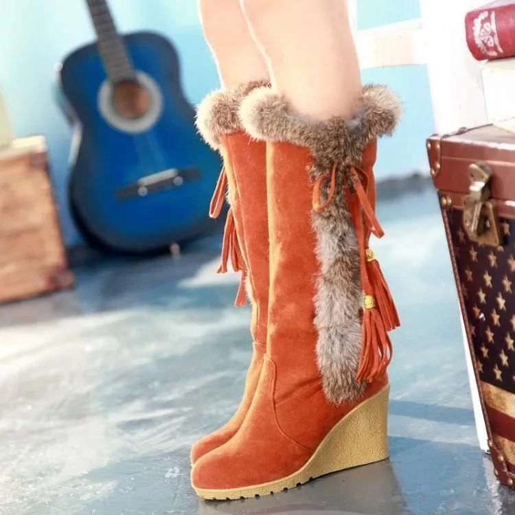 Women's warm cotton lining mid calf wedge snow boots tassels décor fur trim fashion winter boots