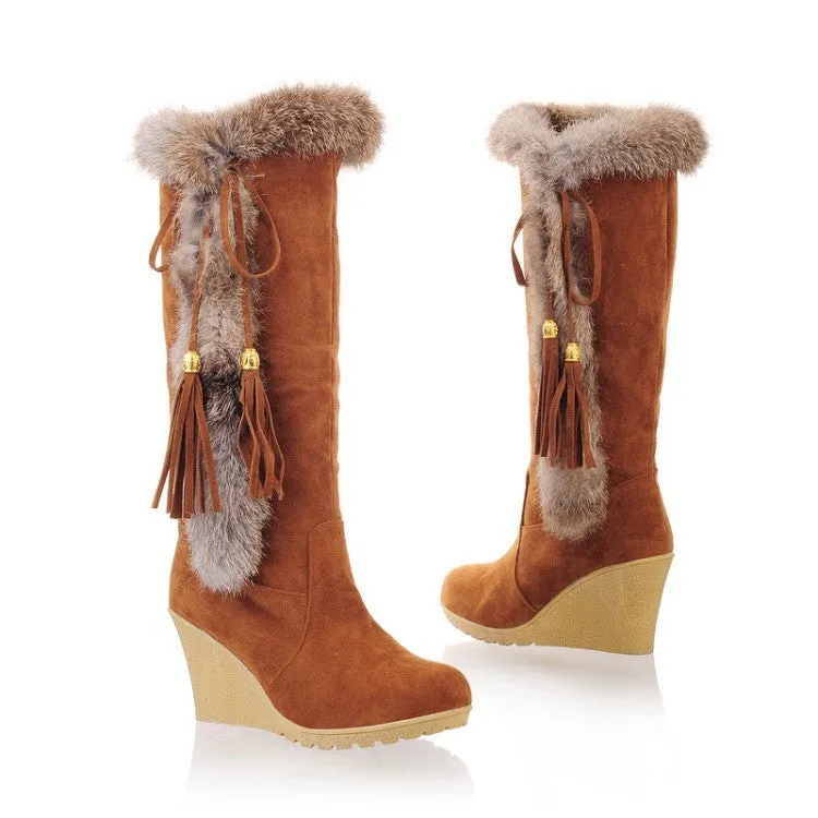 Women's warm cotton lining mid calf wedge snow boots tassels décor fur trim fashion winter boots