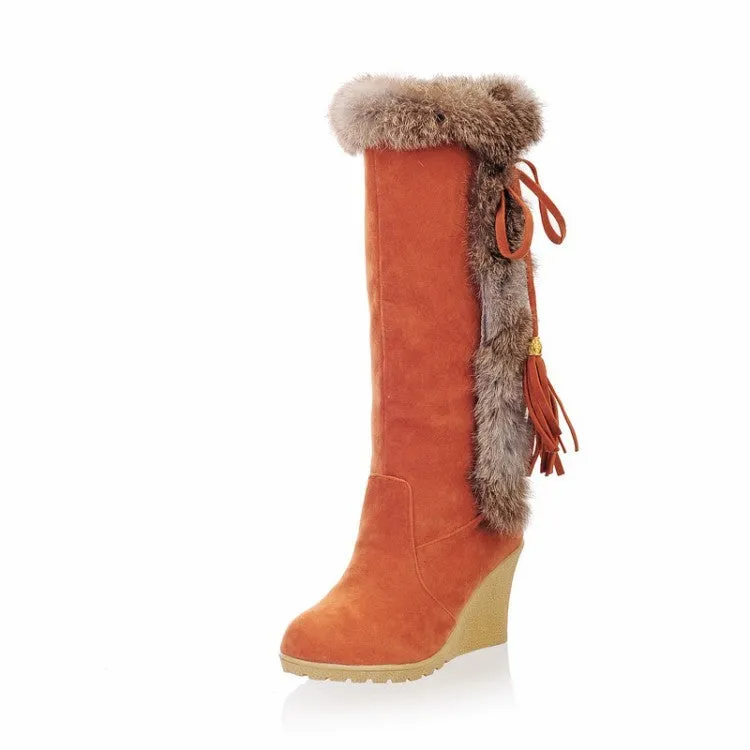 Women's warm cotton lining mid calf wedge snow boots tassels décor fur trim fashion winter boots