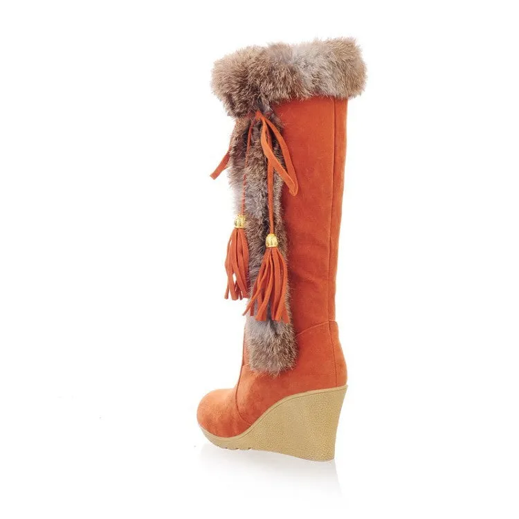 Women's warm cotton lining mid calf wedge snow boots tassels décor fur trim fashion winter boots