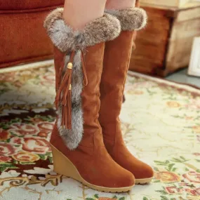 Women's warm cotton lining mid calf wedge snow boots tassels décor fur trim fashion winter boots